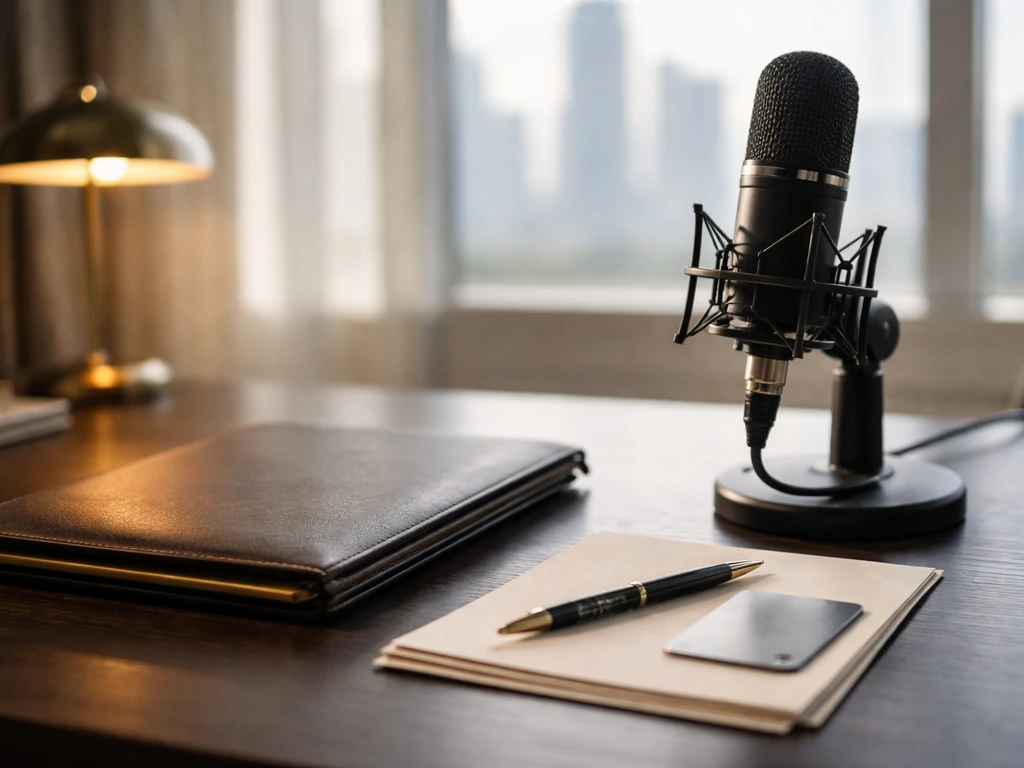Minimal studio desk scene with a microphone and leather portfolio symbolizing media and wealth analysis.