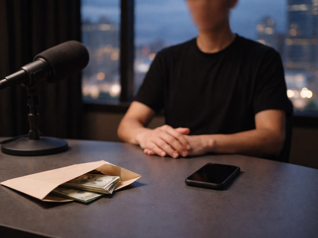 Anonymous person in a TV studio desk scene with a microphone and subtle hints of money for identity verification.