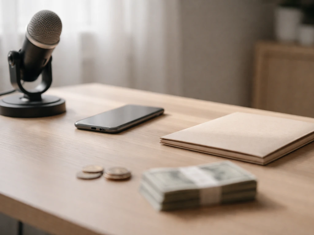 Minimal desk with microphone, coins, bills, and a phone—symbolizing indirect net worth estimate inputs.