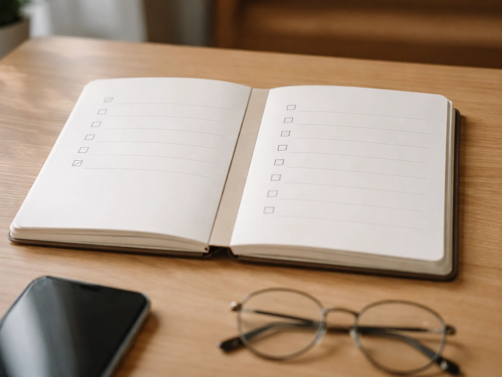 Minimal photo of a desk with an open notebook and two blank checklists separated by divider cards