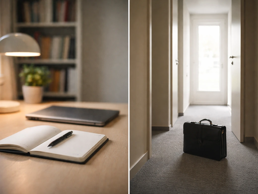 Split-screen: two anonymous professional scenes, one desk-author vibe and one hallway-briefcase vibe.