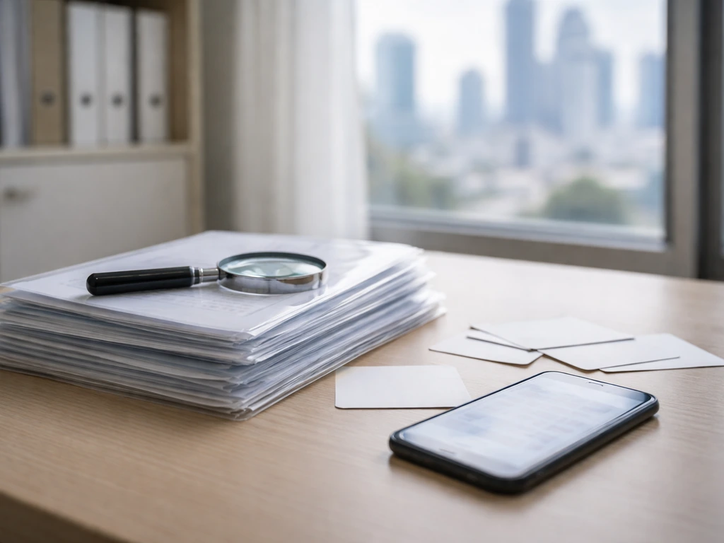 Magnifying glass and folders on a desk with blurred city view, symbolizing layered finance data sources.
