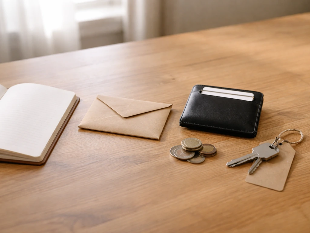 Wood desk with envelope, wallet, and house key under natural light, suggesting assets and uncertainty.