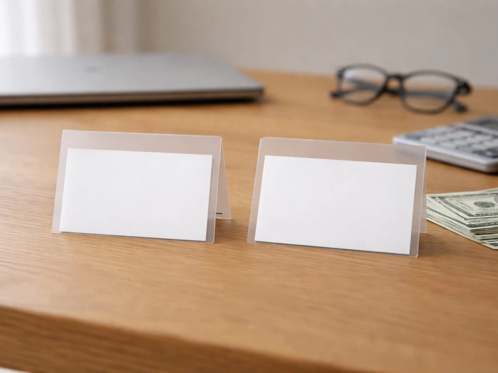 Minimal desk scene with two blank comparison cards beside money, suggesting differing net worth ranges.