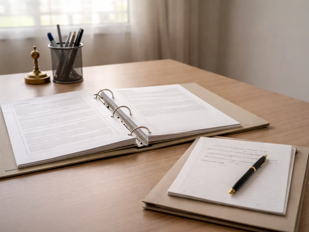 Minimal office scene with an open binder of government-salary documents and a notepad, no text visible.