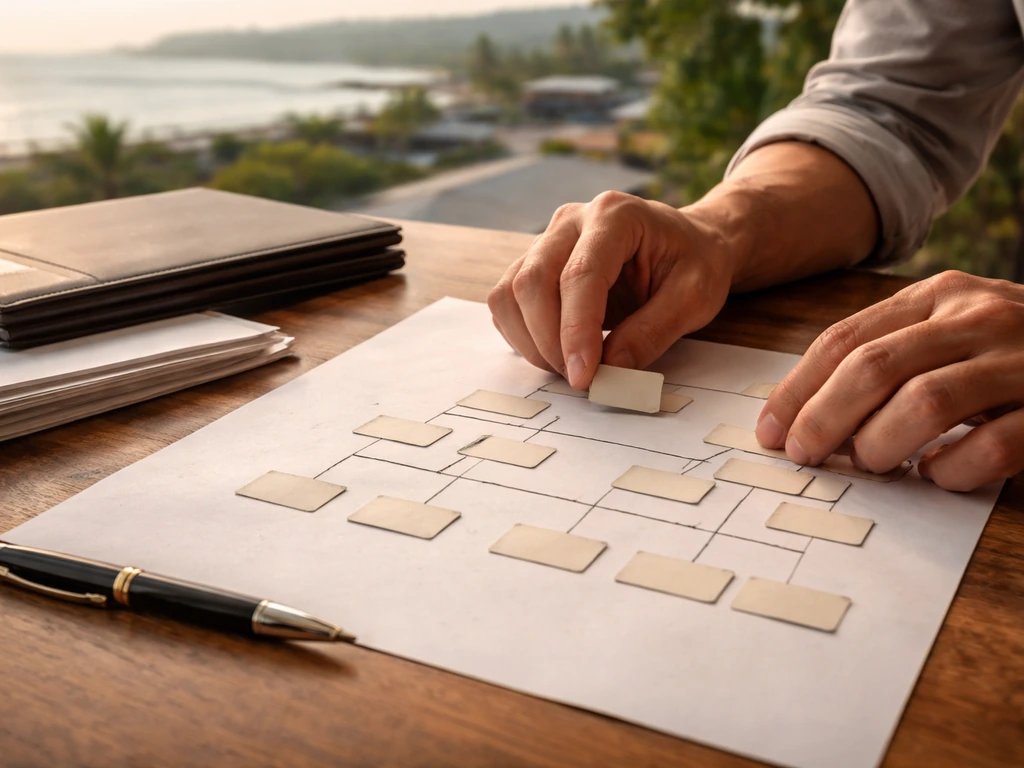 Hands arranging a simple paper family tree with coastal Cavite-style landscape hints in the background