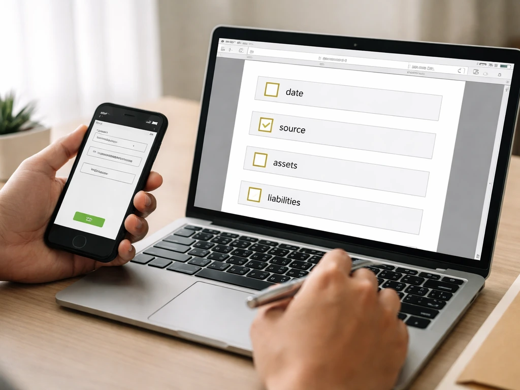 Hands checking an official PDF on a laptop while using a smartphone to verify finance details.