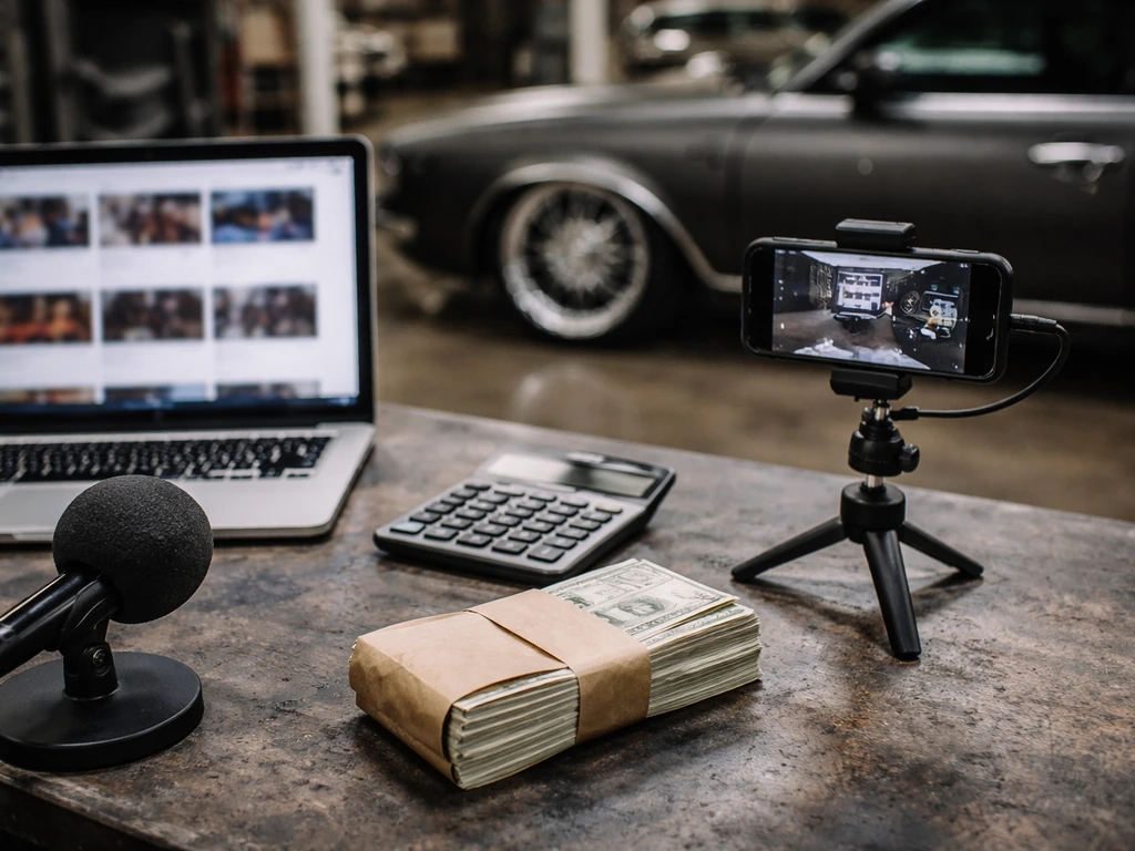 Custom car garage scene with smartphone recording setup and laptop, hinting at creator money and media work.