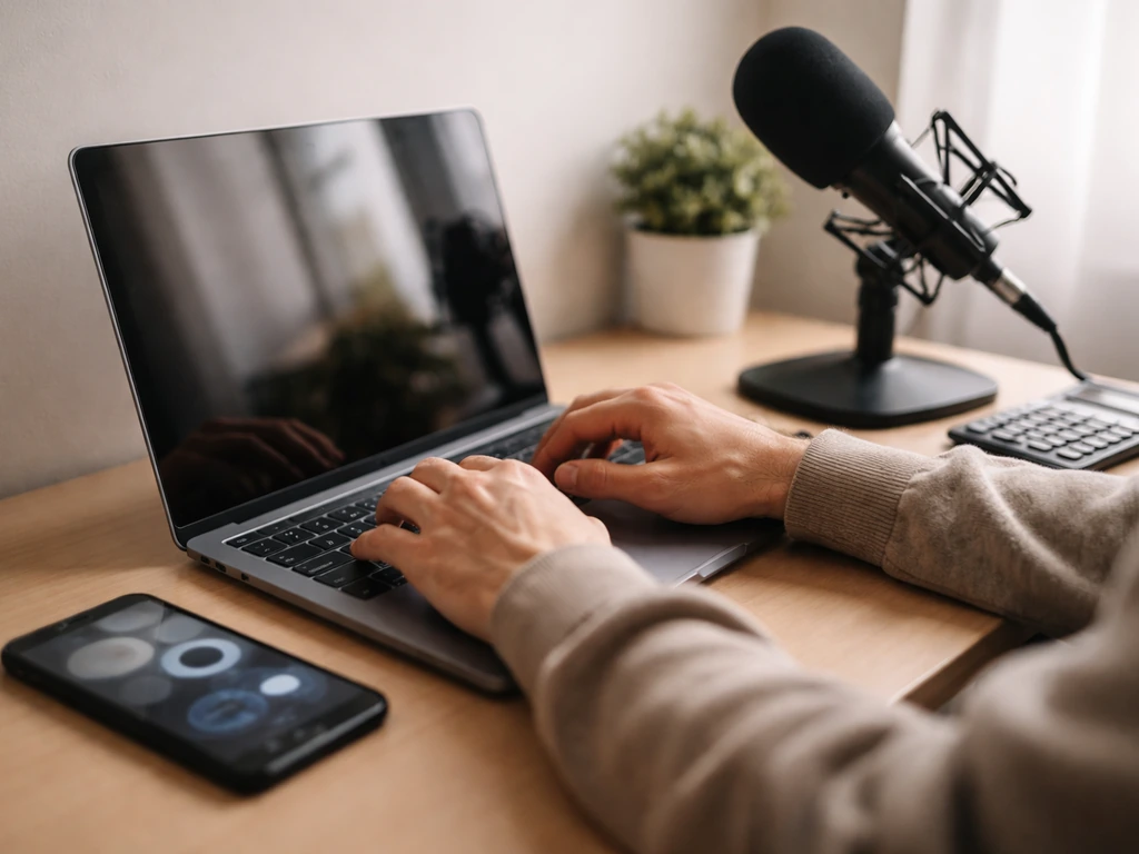 Close-up of a laptop and phone showing blurred analytics icons beside a microphone on a desk.