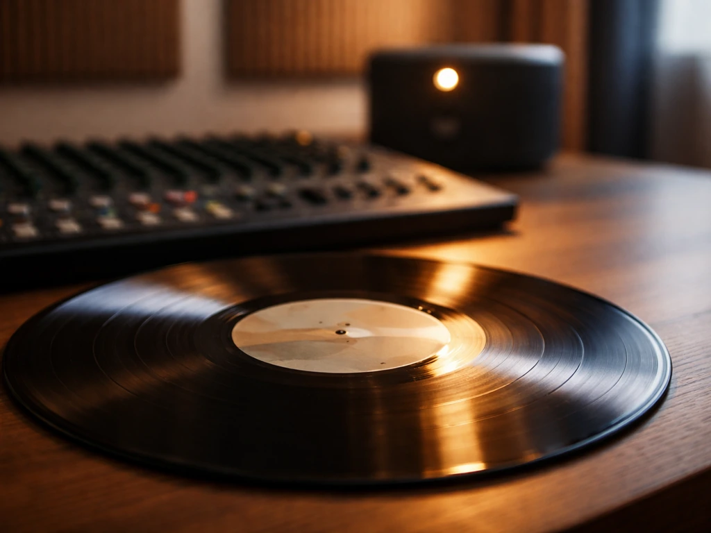 Vinyl record on a wooden desk beside a small mixing console, evoking music royalties and label ownership.