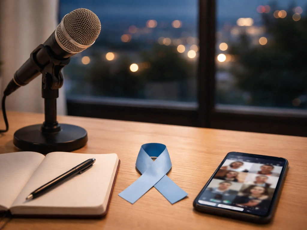 Minimal studio desk scene with microphone and a blue ribbon, symbolizing media and UNICEF-style charity work.