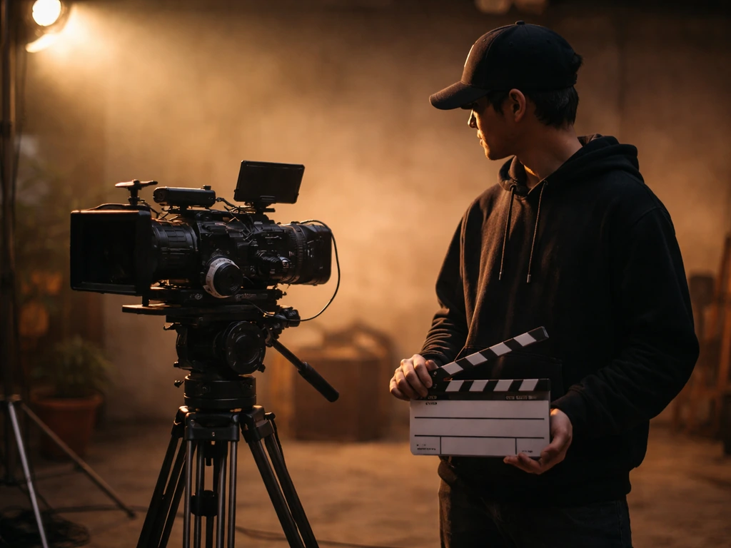 Anonymous film set scene with a TV crew member holding a clapperboard and camera rig, cinematic lighting.