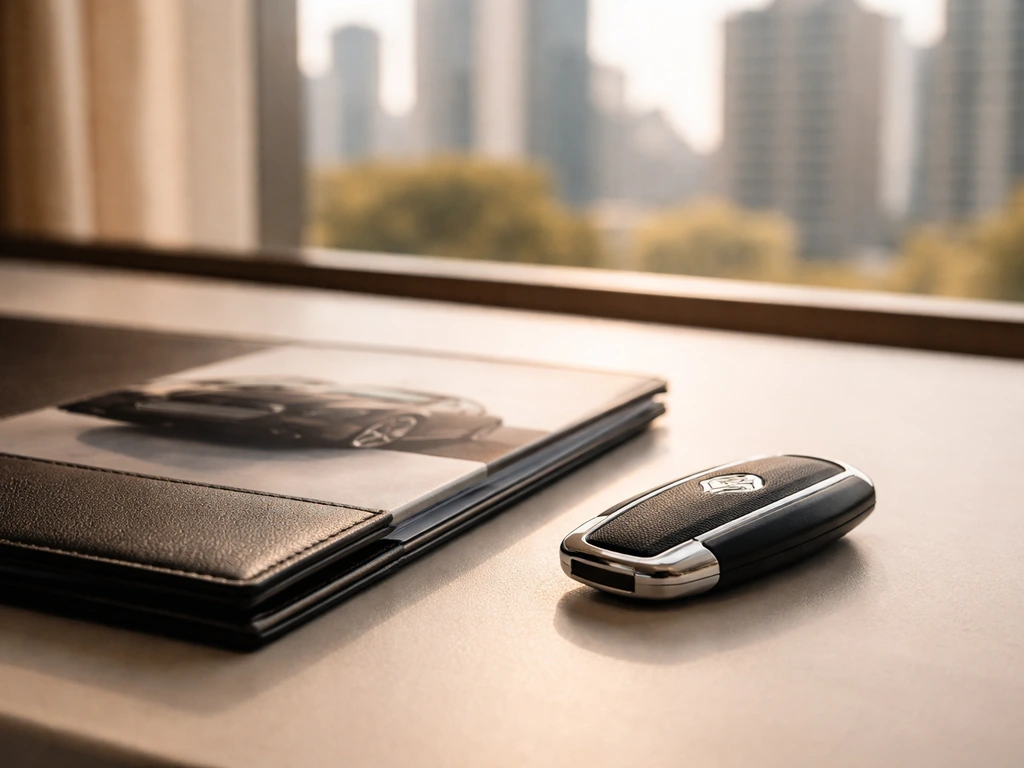 Luxury car key fob on a desk with a brochure, city light through a window—symbol of brand ambassador deals.