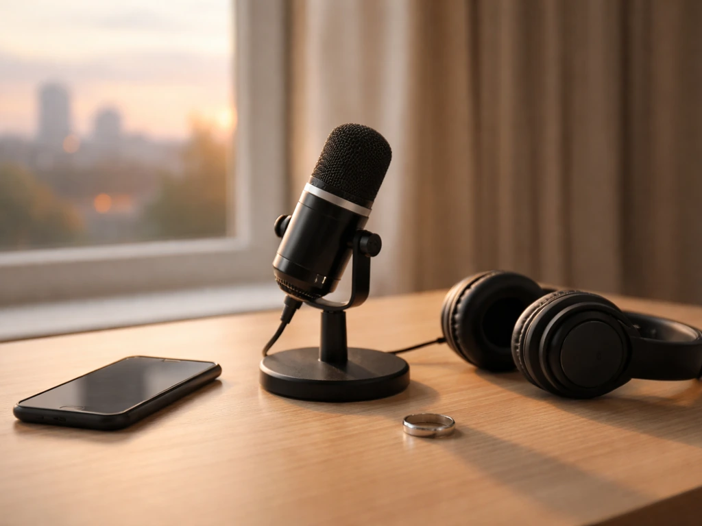 Minimal studio desk scene with a phone, microphone, and blurred city skyline suggesting a media personality