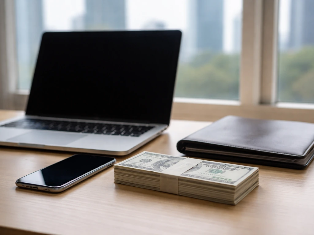 Anonymous analyst desk with laptop and cash, symbolizing how an NFL net worth estimate is calculated.