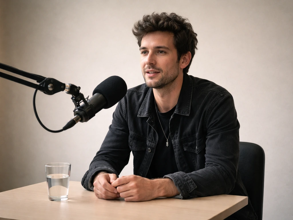 Anonymous singer-songwriter in a quiet studio interview with a microphone and neutral background.