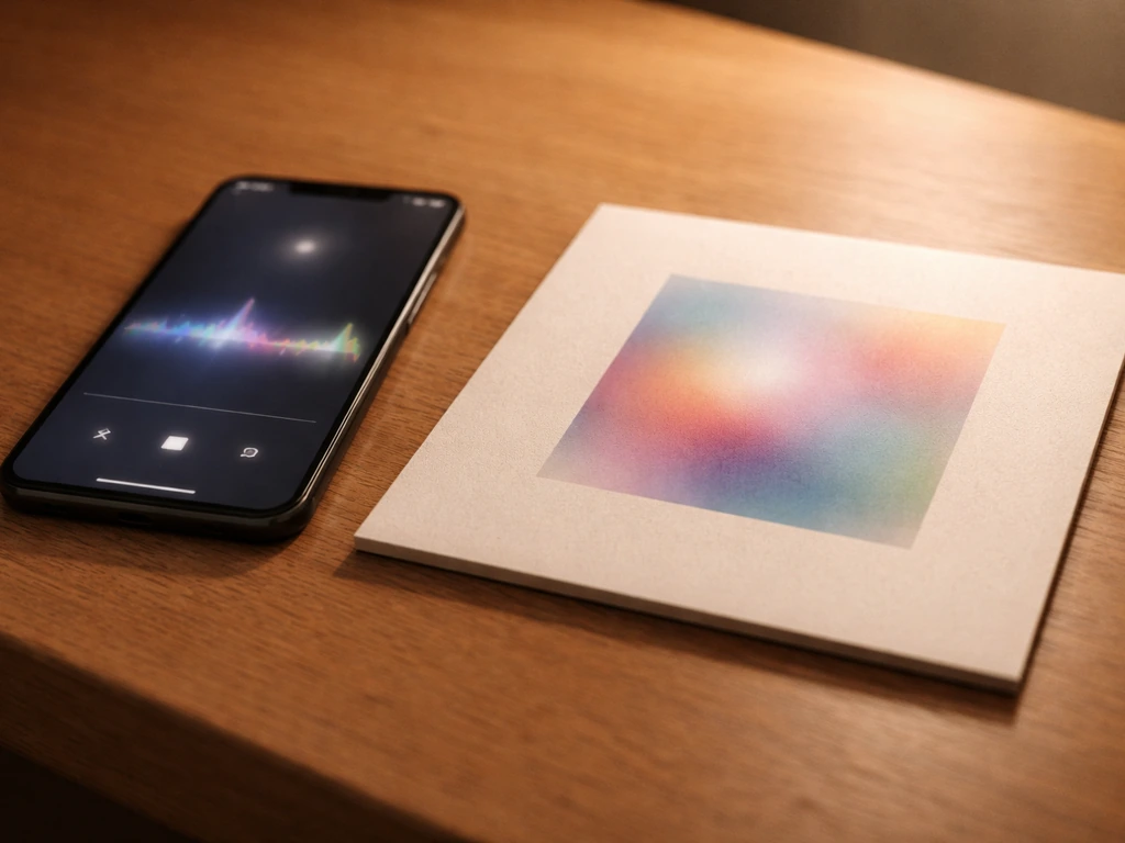 Close-up of anonymous streaming music on a phone beside a single record sleeve in soft natural light.