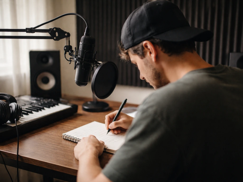 Songwriter at a quiet home studio desk writing lyrics beside a microphone