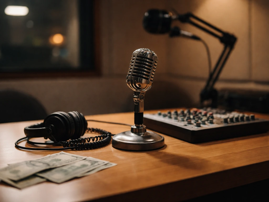 Radio studio desk with vintage microphone and scattered cash-like props symbolizing media wealth analysis.