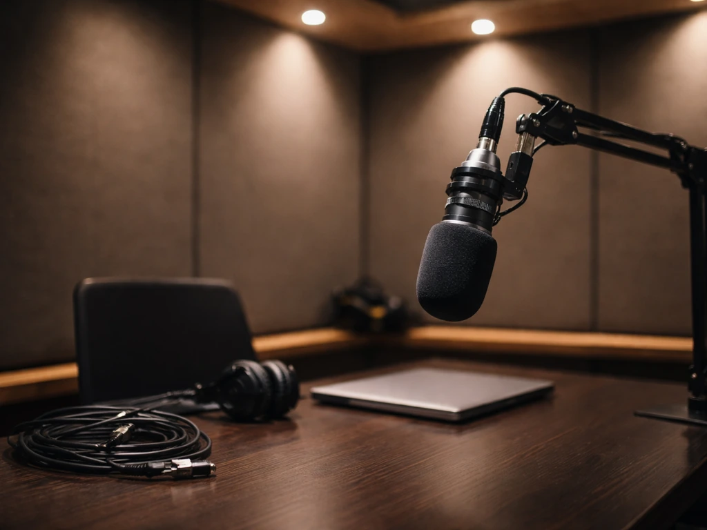 Modern radio studio scene with a microphone and minimal upscale desk setup, symbolizing media and broadcasting.