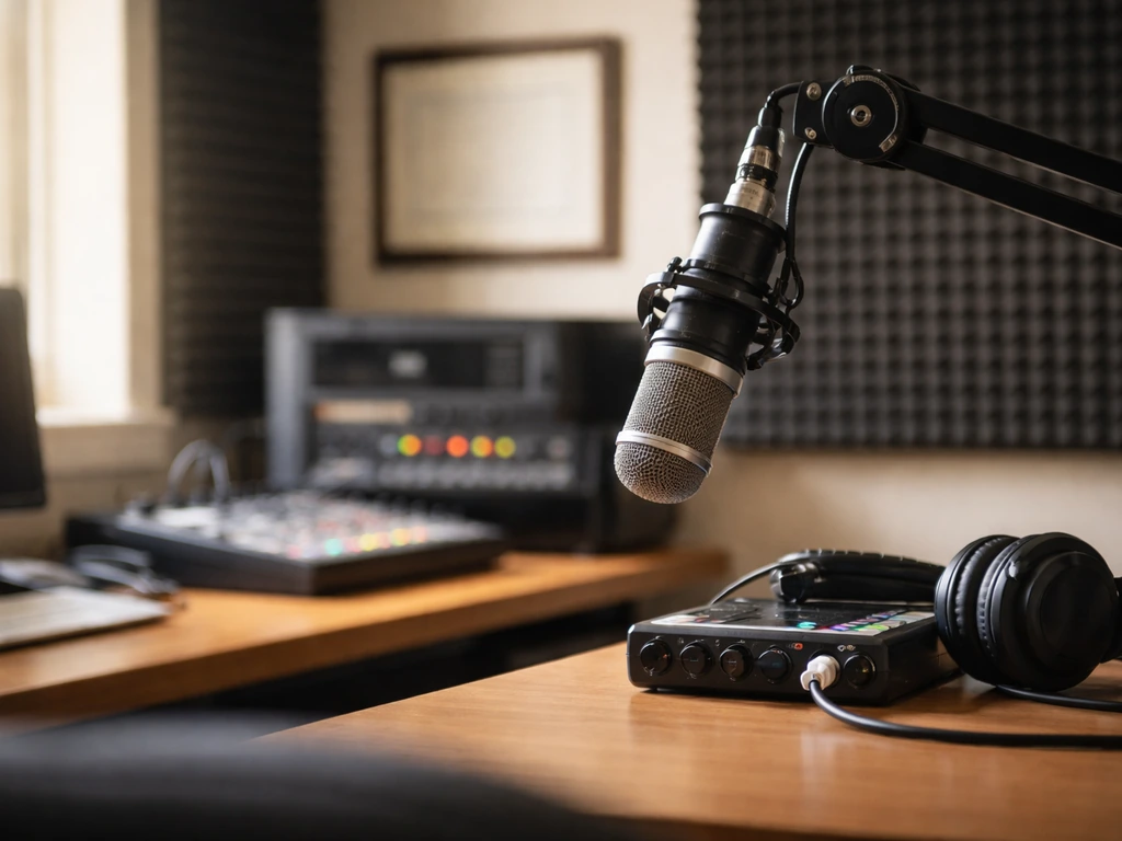 Minimal photo of a radio studio desk with a microphone and playback equipment, suggesting broadcasting assets