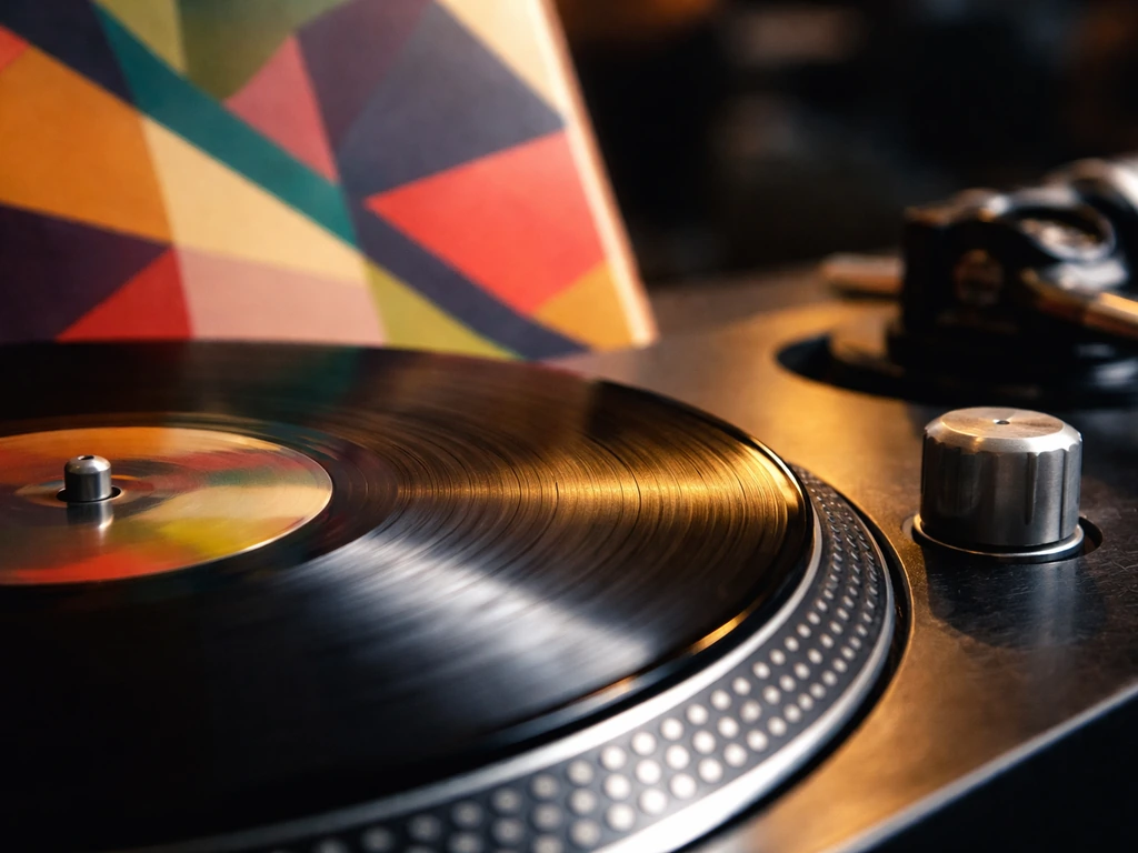 Close-up of a vinyl record and a DJ mixing knob, suggesting music catalog and royalties