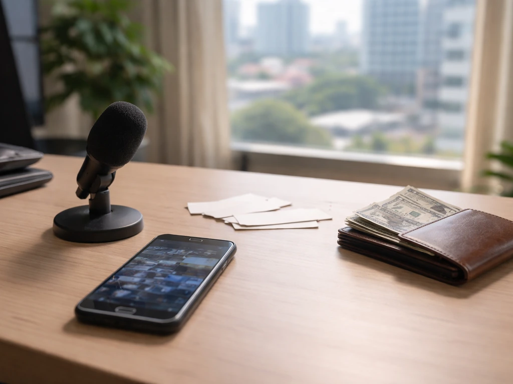 Minimal desk scene with microphone, smartphone, and cash bills symbolizing estimated business wealth.