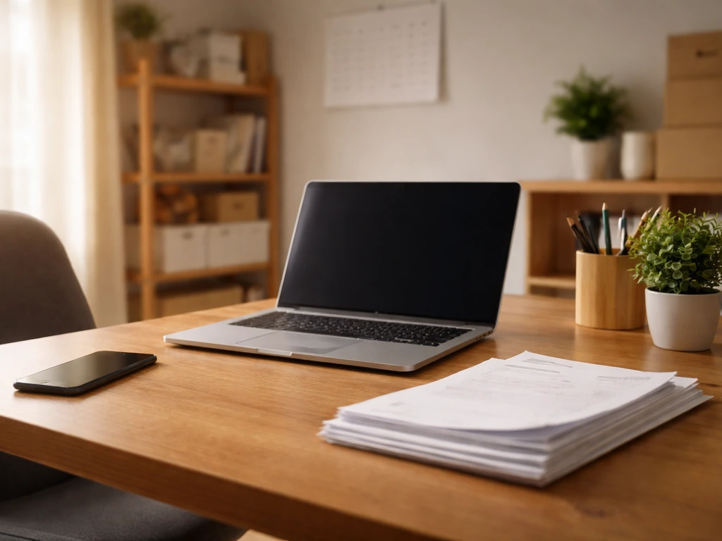 Minimal office desk scene symbolizing a business owner identity, with laptop and invoices but no readable text