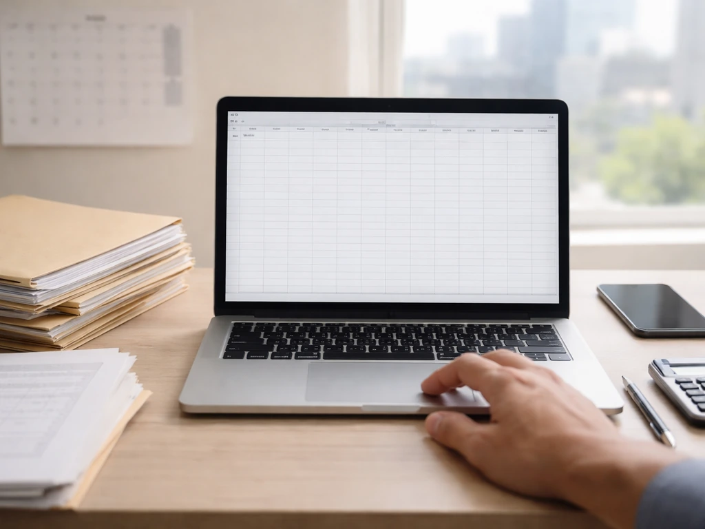 Minimal desk scene with laptop, documents, and a smartphone, suggesting building a net worth estimate model.