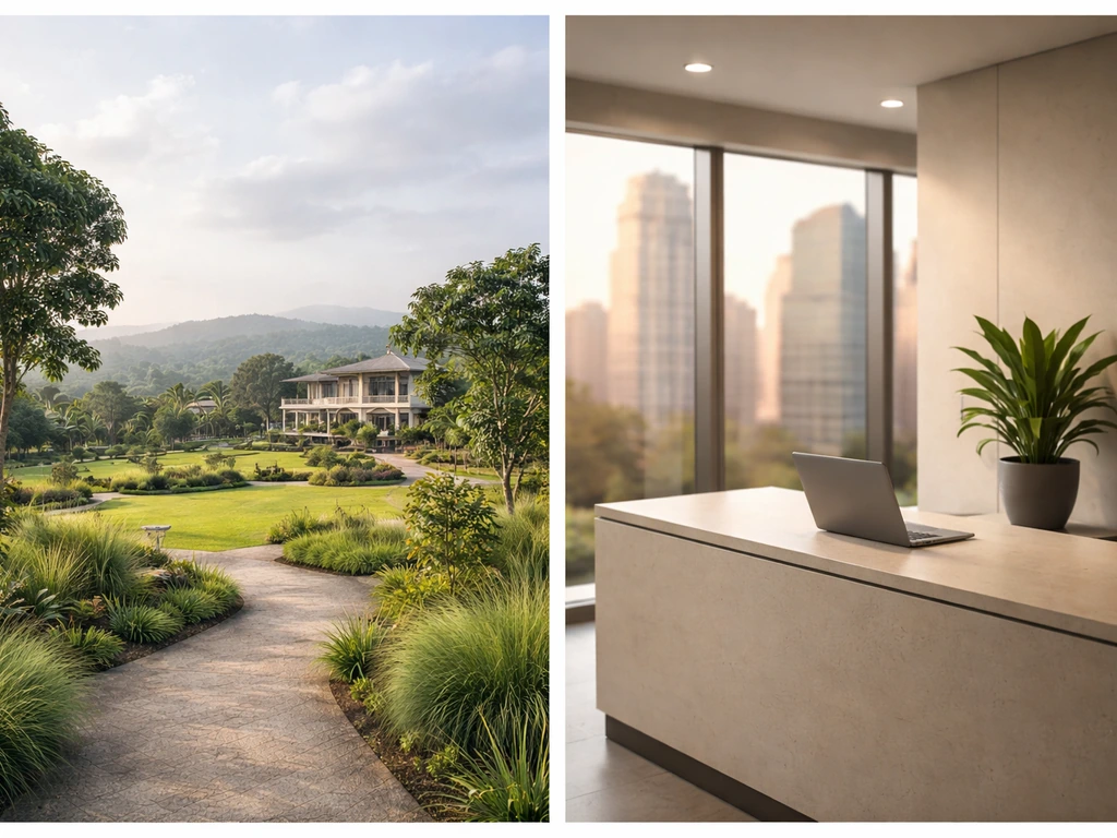 Split image: EP Farm Tagaytay exterior with greenery, plus a quiet Bangkok office interior suggesting international busi