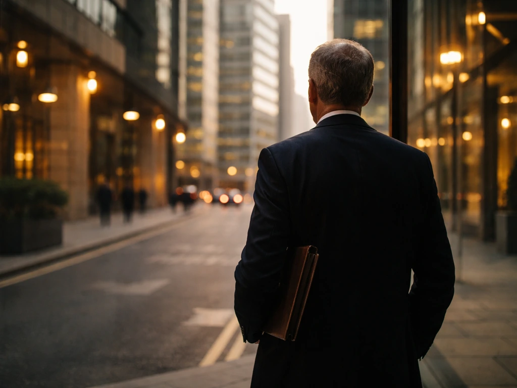 Back-view senior banker silhouette with leather folio outside London financial district office at golden hour.