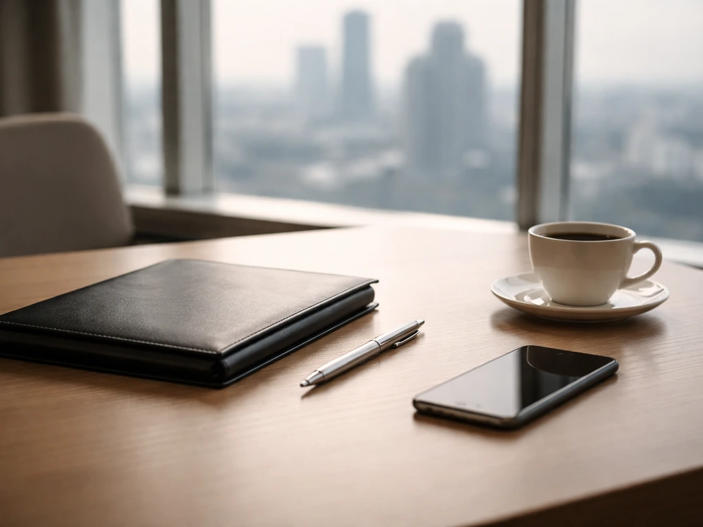 Minimal office scene with a banker’s desk setup and city skyline through window, symbolizing Wells Fargo leadership cont