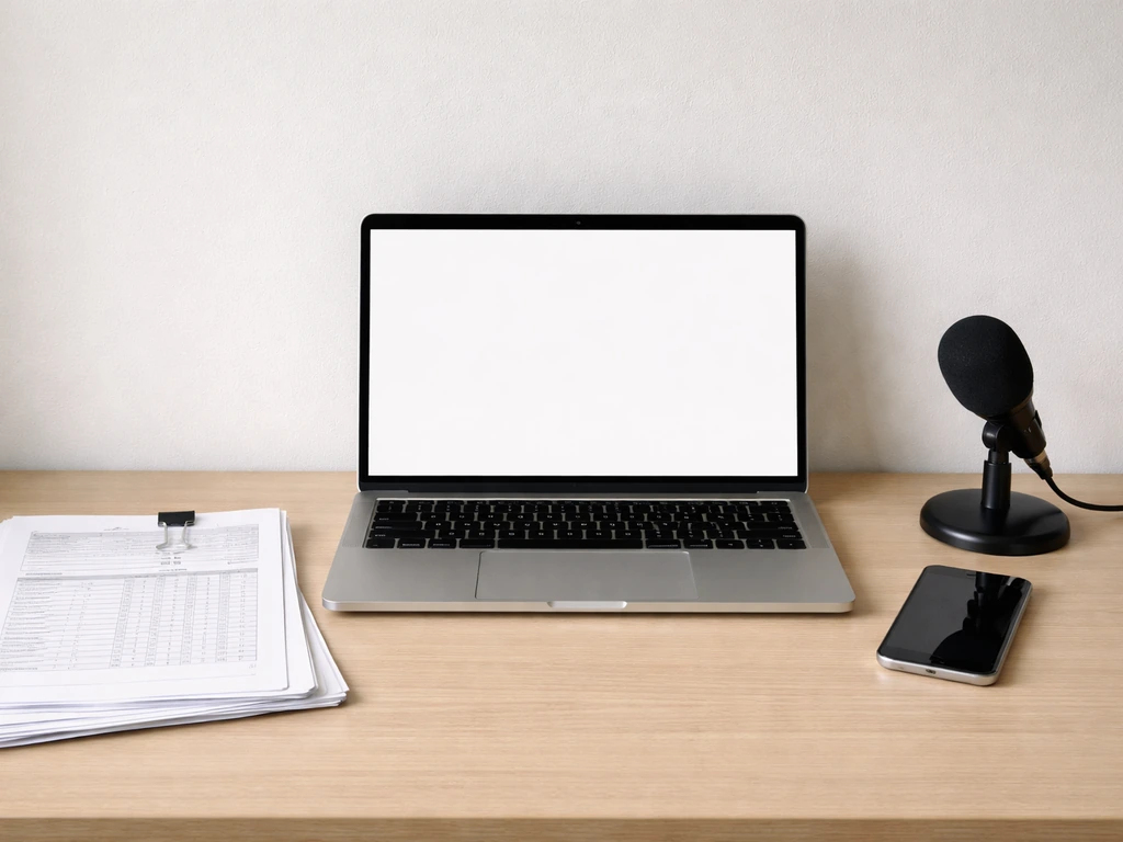 Minimal desk scene with blank laptop, generic filing papers, and phone suggesting financial estimate inputs.