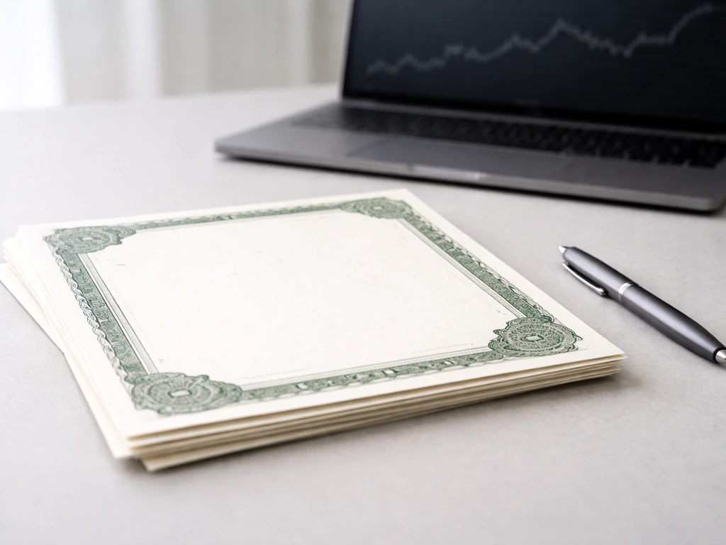 Close-up of blank stock papers and a pen on a desk with a faint chart-like background on a laptop.