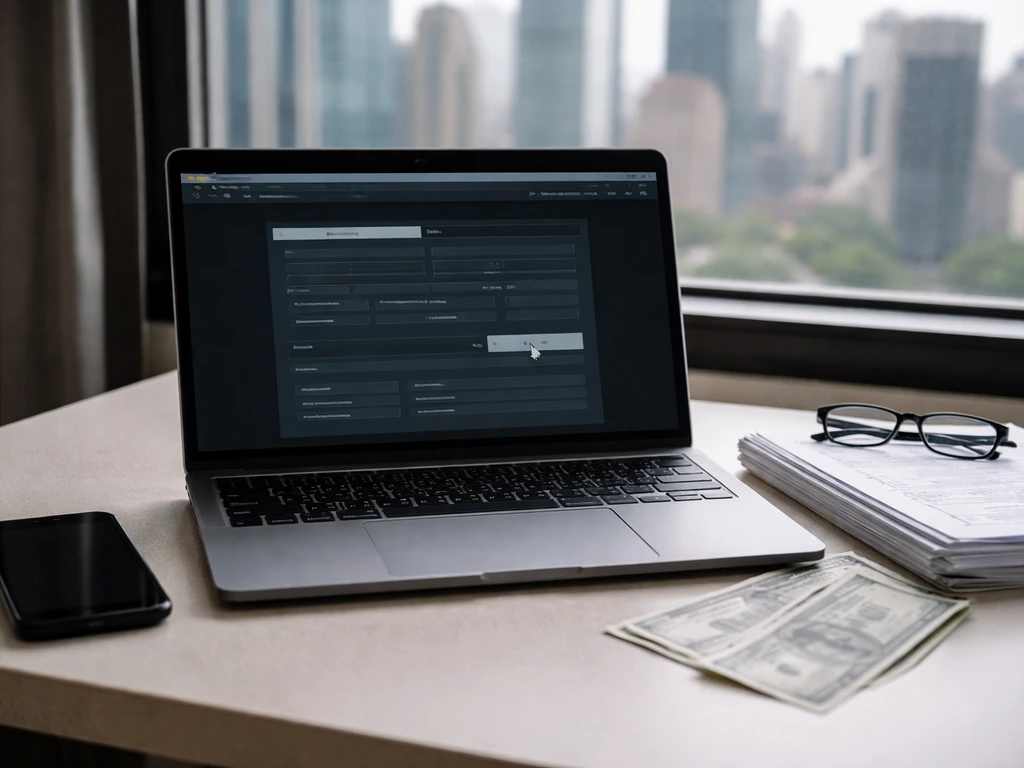 Open laptop on a desk with browsing a regulatory document, smartphone and printed forms nearby.