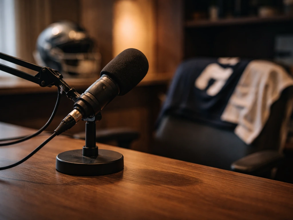 Unoccupied media studio desk with microphone and blurred sports memorabilia, suggesting sports and public analysis.