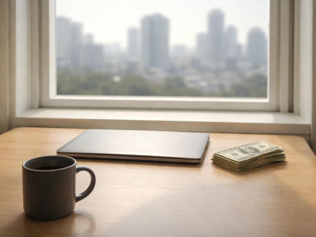 Minimal photo of a laptop and neatly stacked cash near a city window, suggesting net worth estimate range