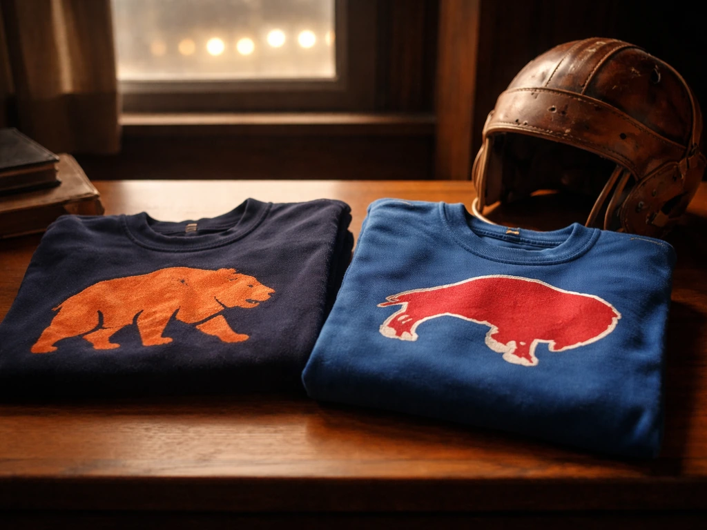 Vintage-style Chicago Bears and Buffalo Bills themed football scene with a game-used jersey in soft light.