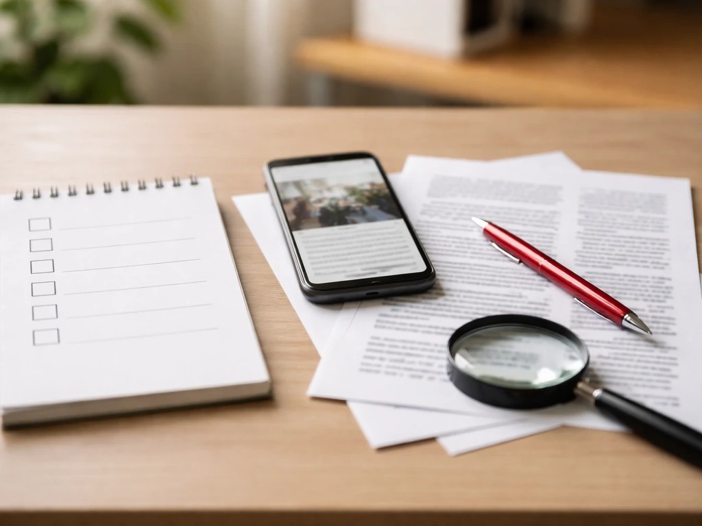 Minimal desk scene with checklist notepad, magnifying glass, red pen, and out-of-focus phone news image.