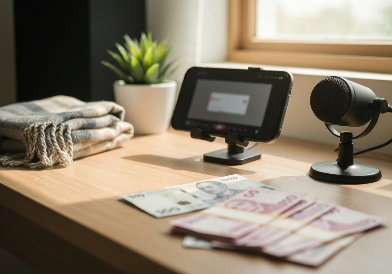 Home studio desk with smartphone, microphone, and blurred Philippine pesos bills symbolizing net worth