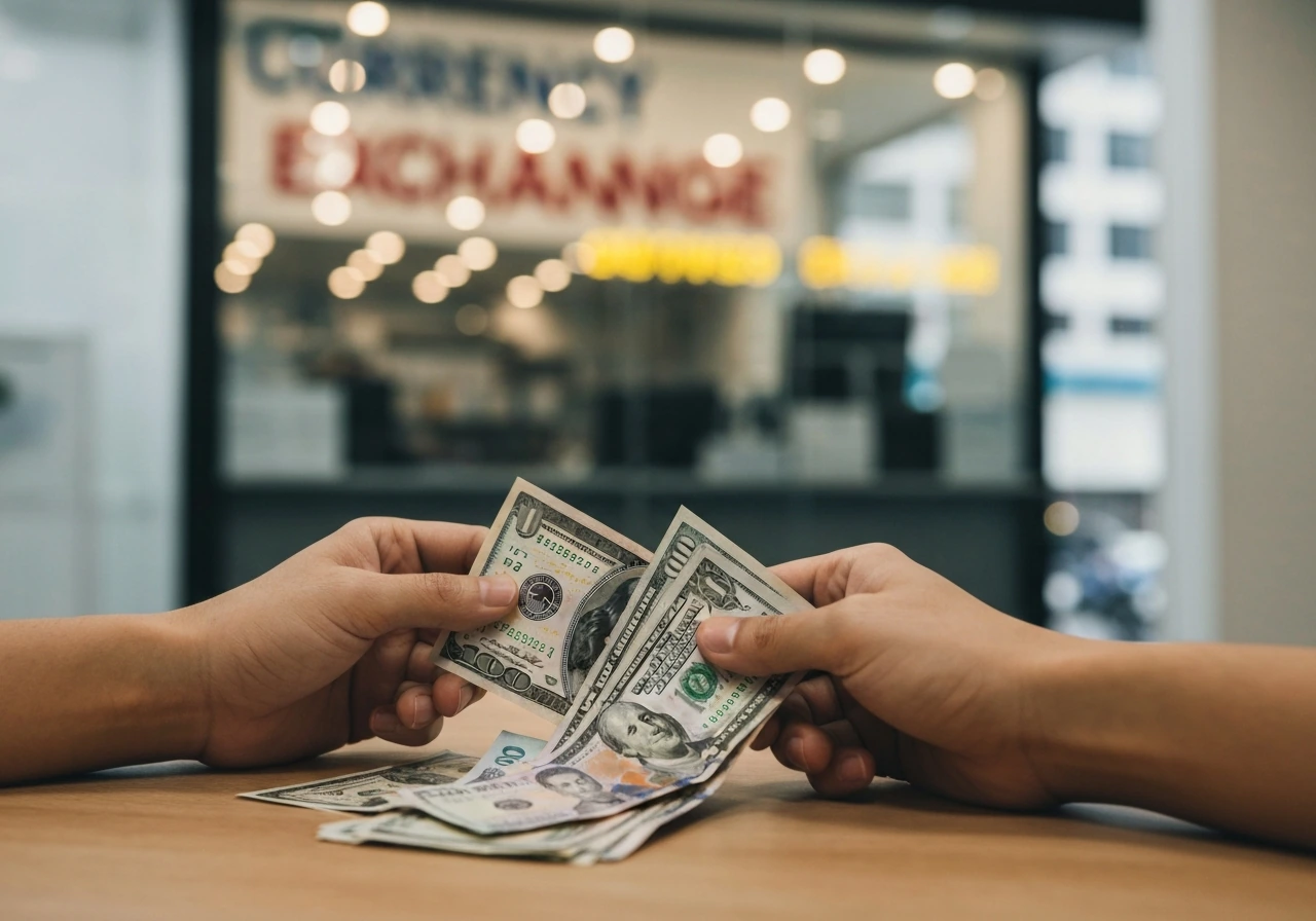 Hand holding a few USD and PHP bills near a currency exchange kiosk in a quiet office setting