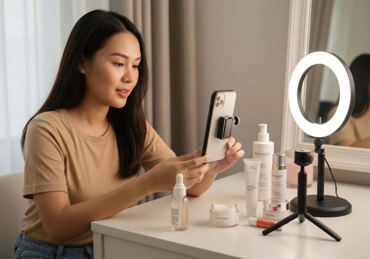 Lifestyle vlogger filming skincare haul with soft product lighting on a tidy vanity table