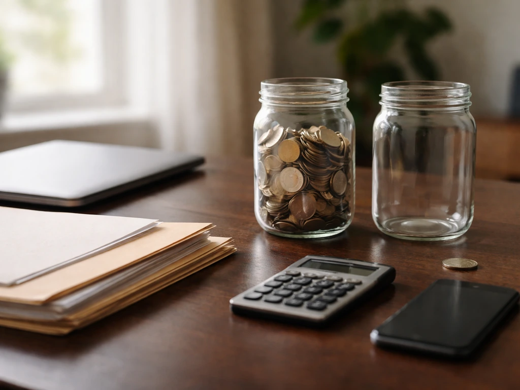 Minimal office desk with calculator, papers, coins, and jars to symbolize counted vs missing net worth items.