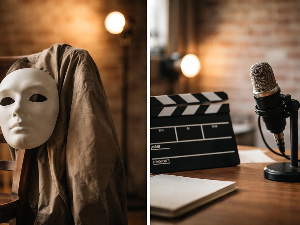 Minimal object collage: theatre mask, mic on stand, and clapperboard suggesting an actor’s identity.