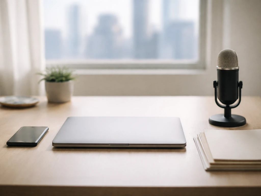 Minimal desk with laptop, phone, folders, and microphone in natural light for money-and-media analysis