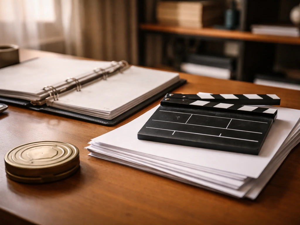 Minimal film production desk with clapperboard and blank paperwork, symbolizing producer credits and backend income.