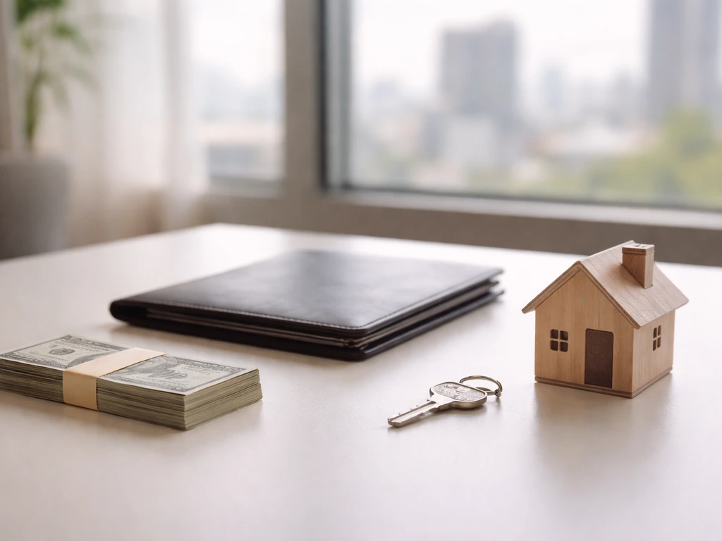 Minimal desk scene with cash, a folder, and a house key suggesting assets and investments.