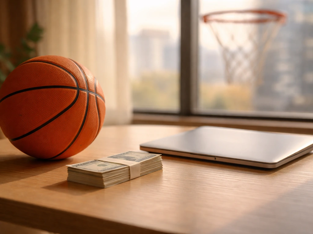 Minimal symbolic scene of basketball wealth analysis: a basketball beside cash and a laptop in natural light.