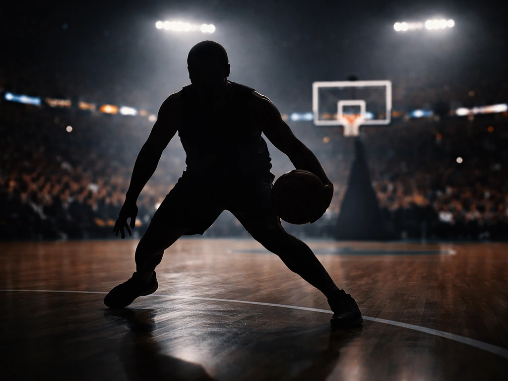 Basketball arena at dusk with a silhouetted player making a drive toward the hoop.