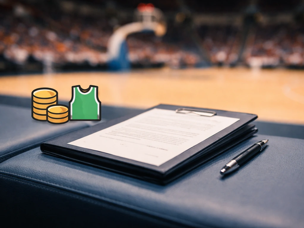Close-up of a Philippine basketball contract folder on an arena seat with a simple earnings icon-style graphic.